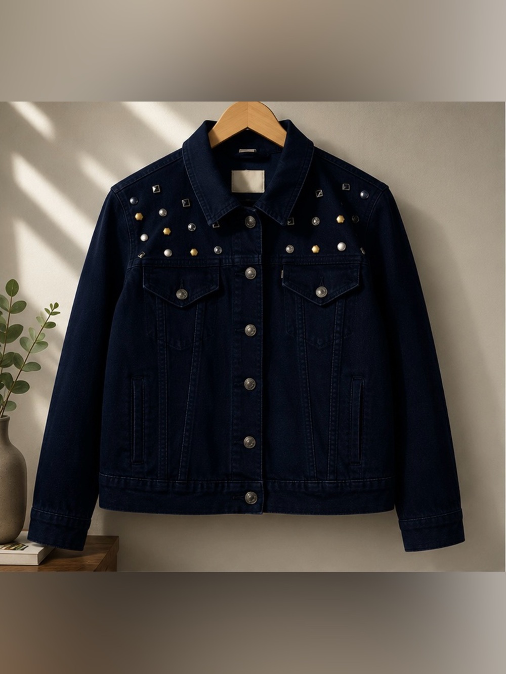 Embellished Dark Navy Denim Jacket - Size L